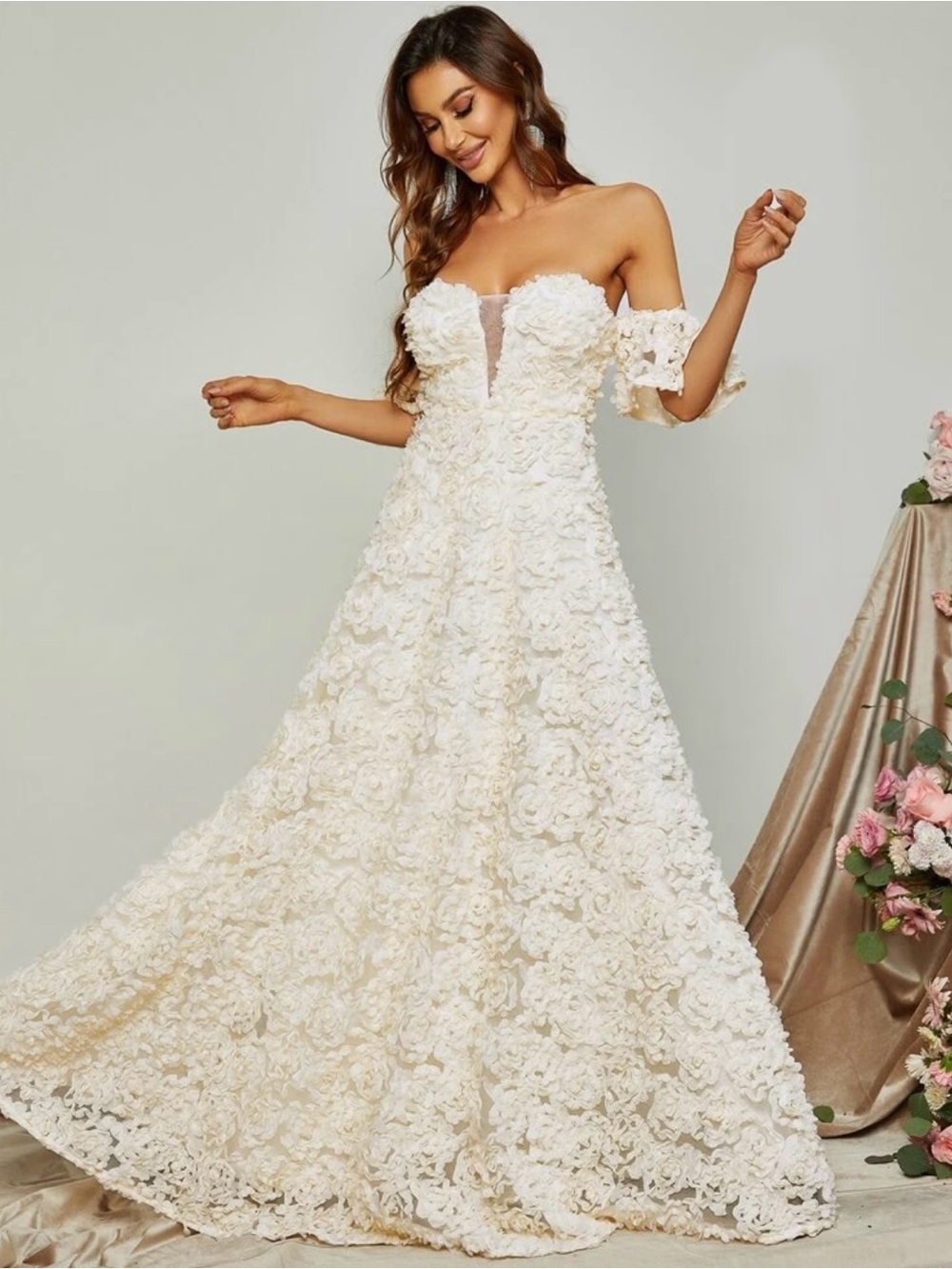 Off-Shoulder Ivory Floral Appliqué Ball Gown Dress - Picture 3 of 5